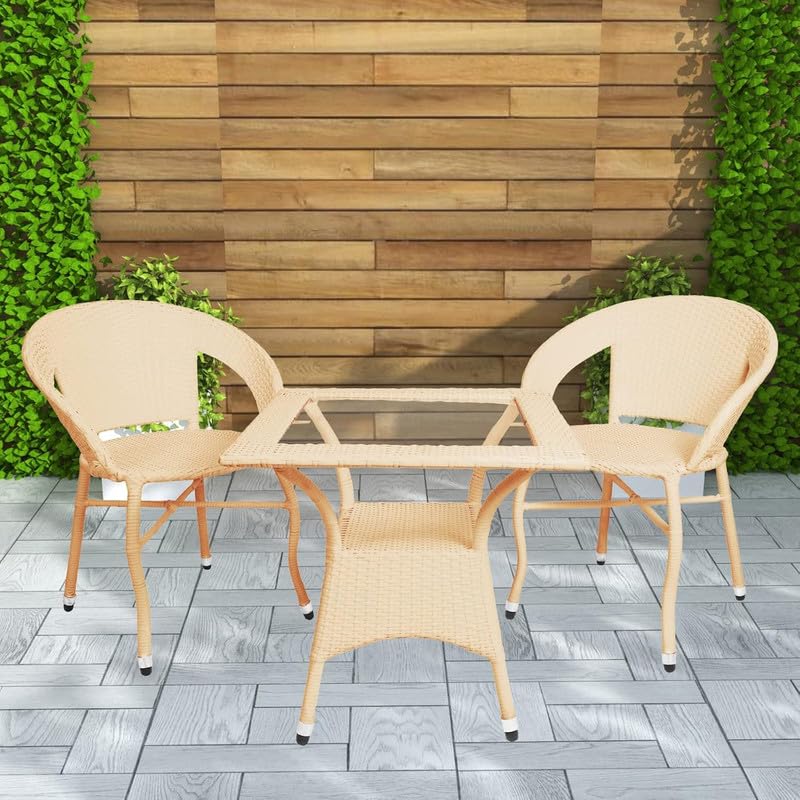 Image of Amazon Brand - Solimo Rattan and Wicker Garden Patio Seating Chair and Table Set Outdoor Balcony Garden Coffee Table Set Furniture with 1 Square Glass Top Table and 2 Chairs Set for Home (Cream)