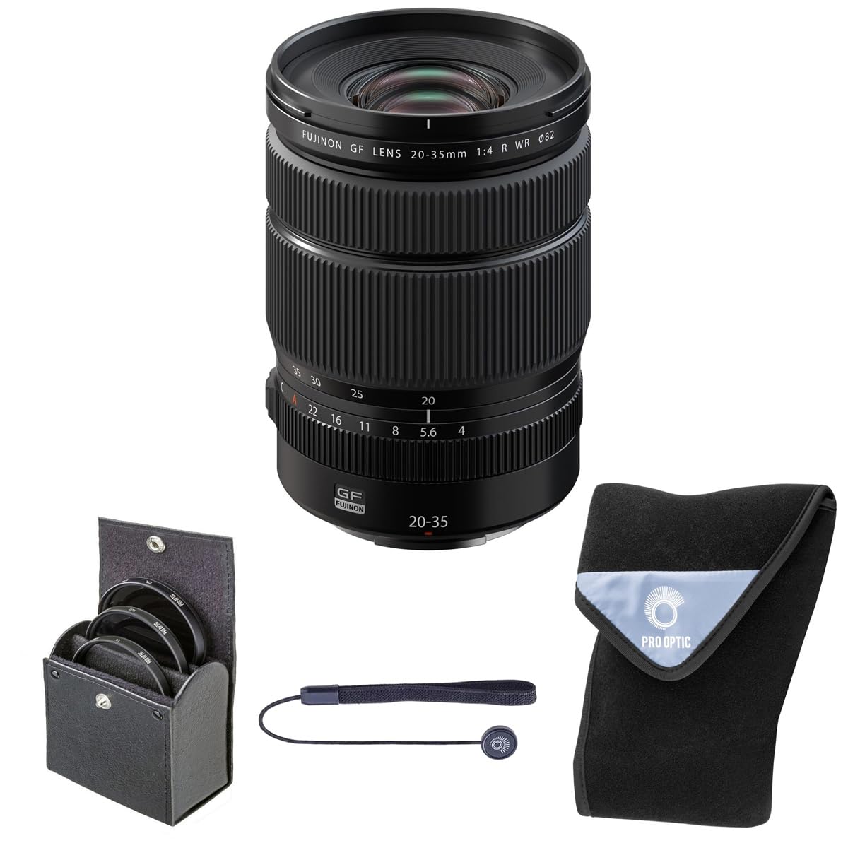 Fujifilm GF 20-35mm f/4.0 R WR Lens, Black, Bundle with 82mm Digital Essentials Filter Kit and 19x19 Lens Wrap