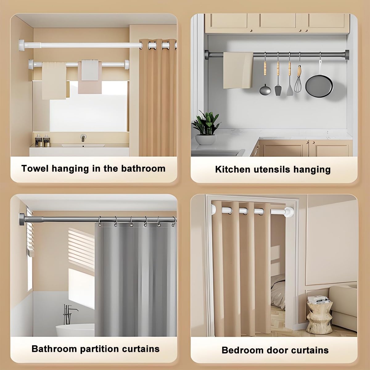 Asta per Tenda da Doccia Regolabile Senza Foratura, Asta telescopica a Molla per Bagno, Finestra e Armadio, Facile Installazione, 63"-98" (Giallo, 1,6-2,5 m)