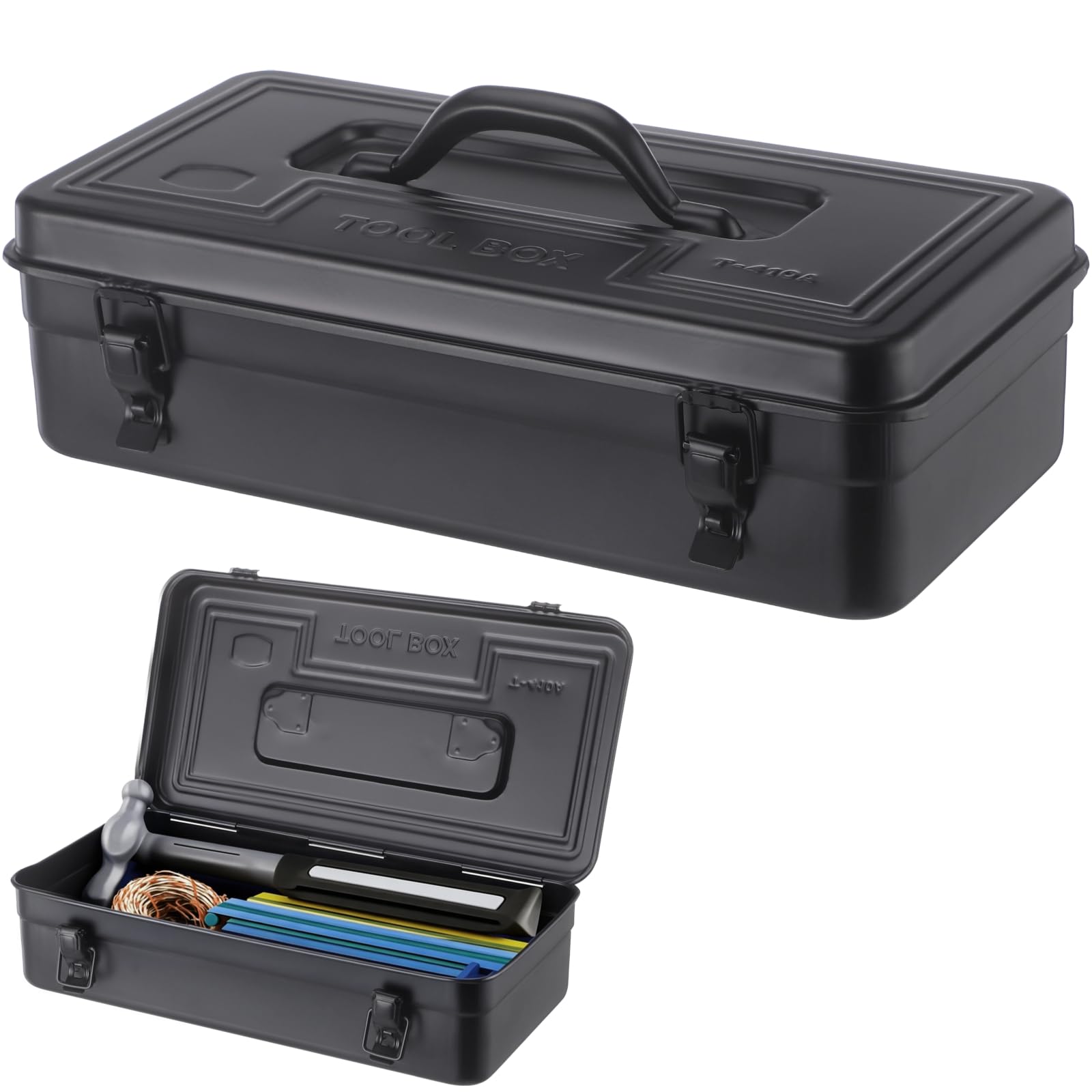 Caja de almacenamiento de acero con tapa con bisagras, caja de herramientas rectangular grande de metal con asa, hebillas dobles seguras, organizador de metal para sellos de álbumes de recortes