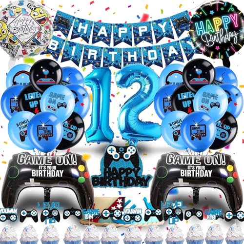 Betensh Geburtstagsdeko 12 Jahre Junge Luftballon 12. Geburtstag Junge Deko 12 Geburtstag Junge mit Videospiel Tortendeko Geburtstagsdeko Junge Ballons Blau für Gamer Deko Party