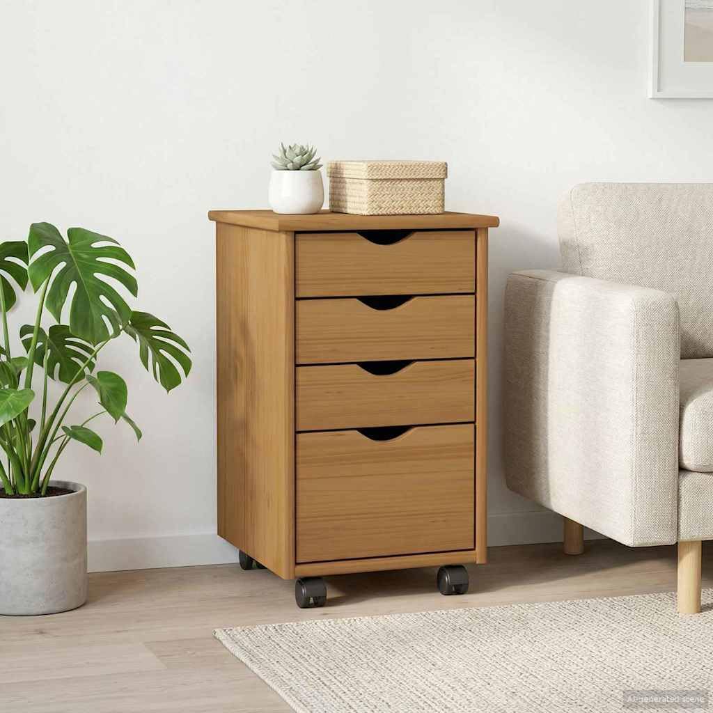 Rollschrank Moss Honigbraun aus massivem Kiefernholz 34 x 39 x 56 cm mit 4 Schubladen und Rollen vielseitiger Mehrzweckschrank für Büro, Wohnzimmer, Flur mit Stauraum und Ordnung