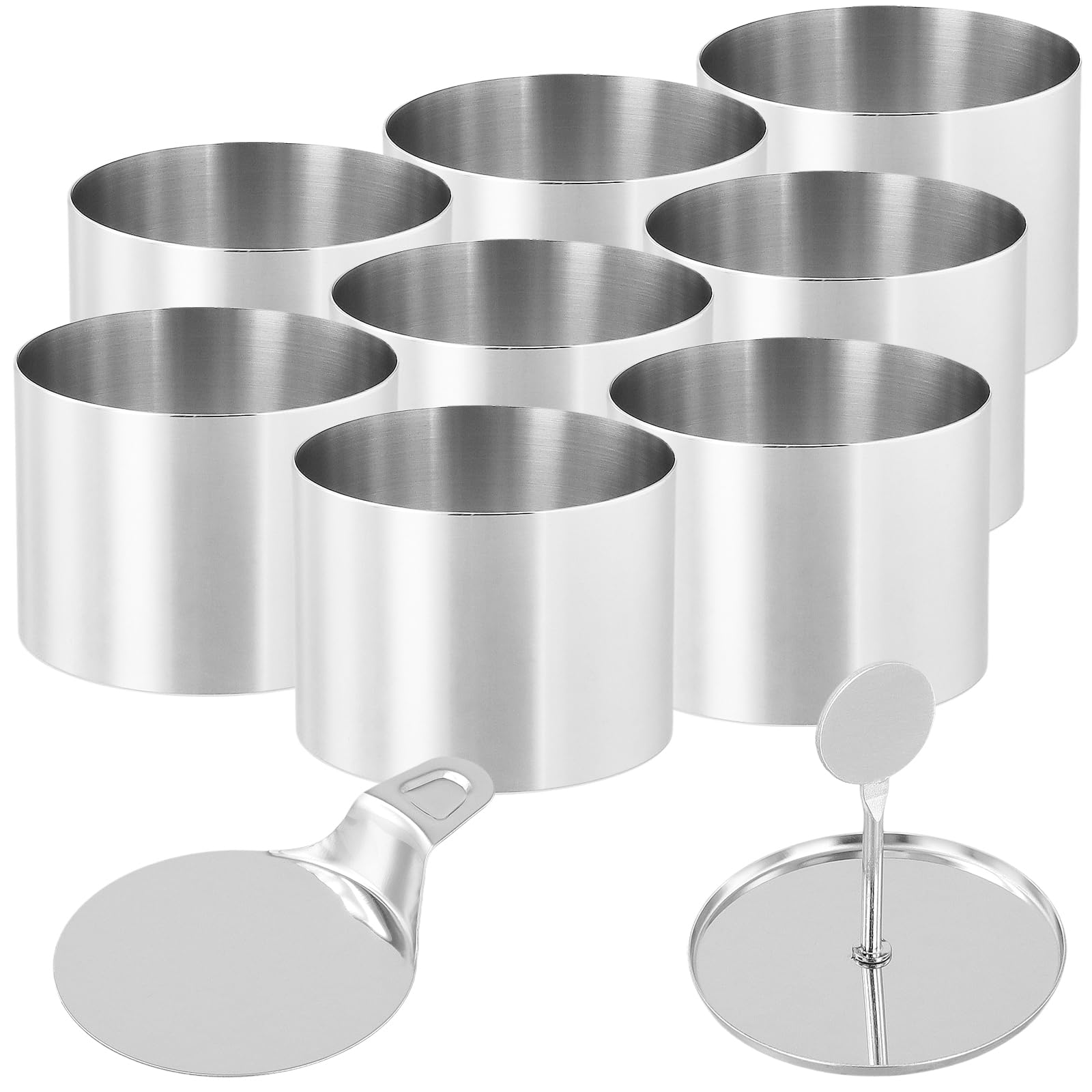 SEUNMUK 10 anelli rotondi per torte in acciaio inox, 7,5 x 5,5 cm, con pressa per alimenti e spatola, per crumpet, cheesecake, pasticceria, dessert, cucinare uova