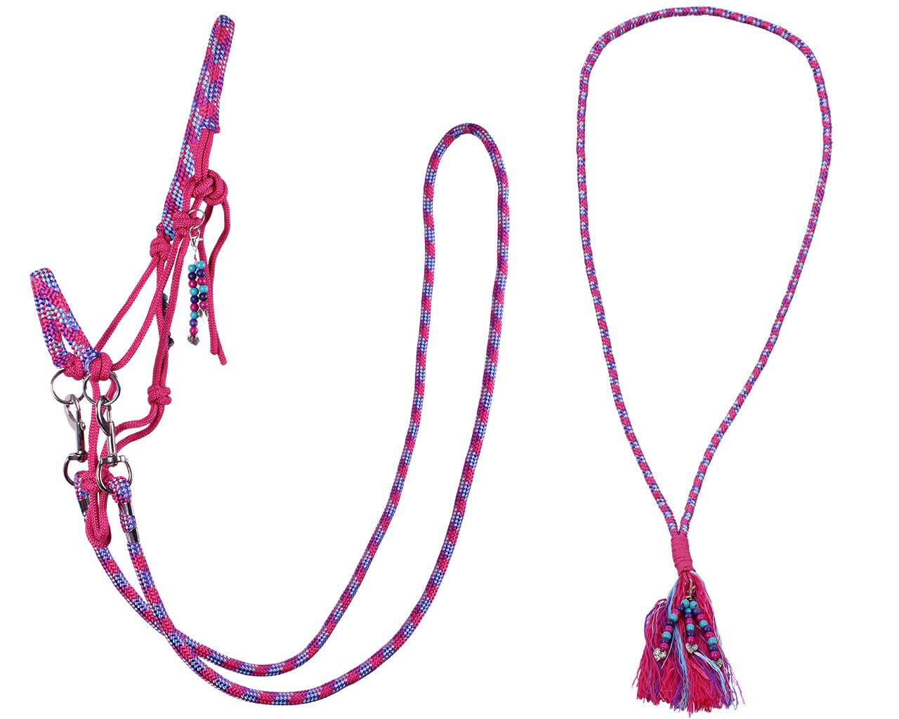 Licol à nœuds avec nœud ABN QHP, rênes et corde de cou Fuchsia pour poney Shetty