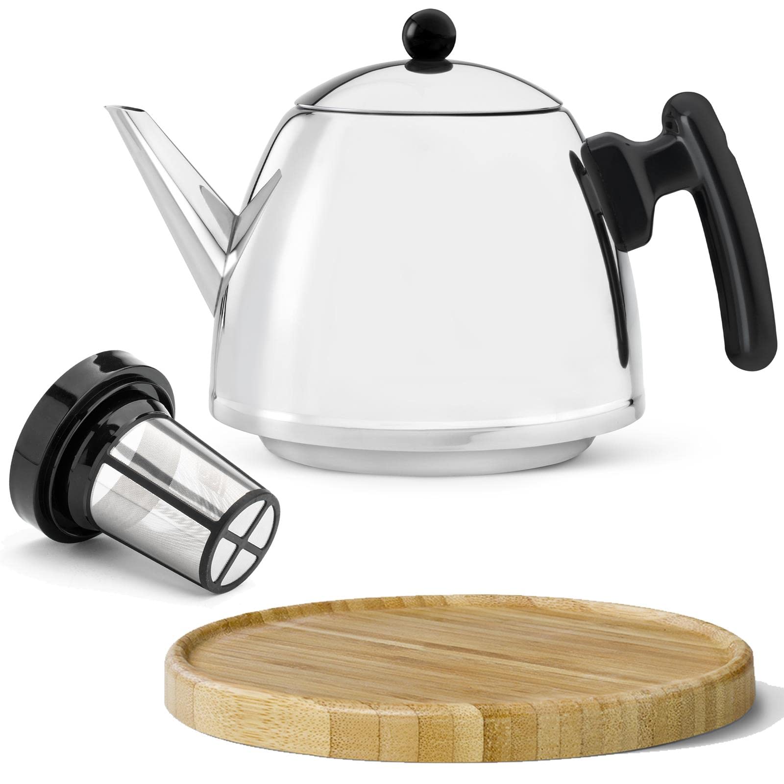 Bredemeijer Teekanne Set 1.2 Liter - Edelstahl doppelwandig silber glänzend - Kleiner klassischer Teebereiter mit Tee-Filter-Sieb-Aufsatz für losen Tee - inkl. Holz-Untersetzer braun