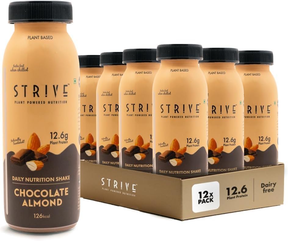 Strive Vegan Protein Shake with 12.6g Plant Protein and 25% Calcium, Naturally Sweetened, Low Calorie Drink, Gluten & Trans Fat Free, Gut Friendly, Source of Fiber, Pack of 12 x 200ml (Chocolate Almond)