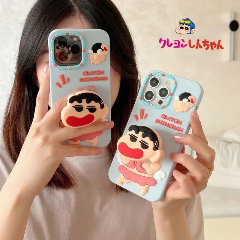 Image of COVERLY for iPhone 12 Pro 3D Cute Cartoon Crayon Shin-Chan Case,Full Protective Japanese Anime Cool Pop Back Case with Phone Holder Soft Silicon Blue Fashion Kawaii Cover for Apple iPhone 12 Pro
