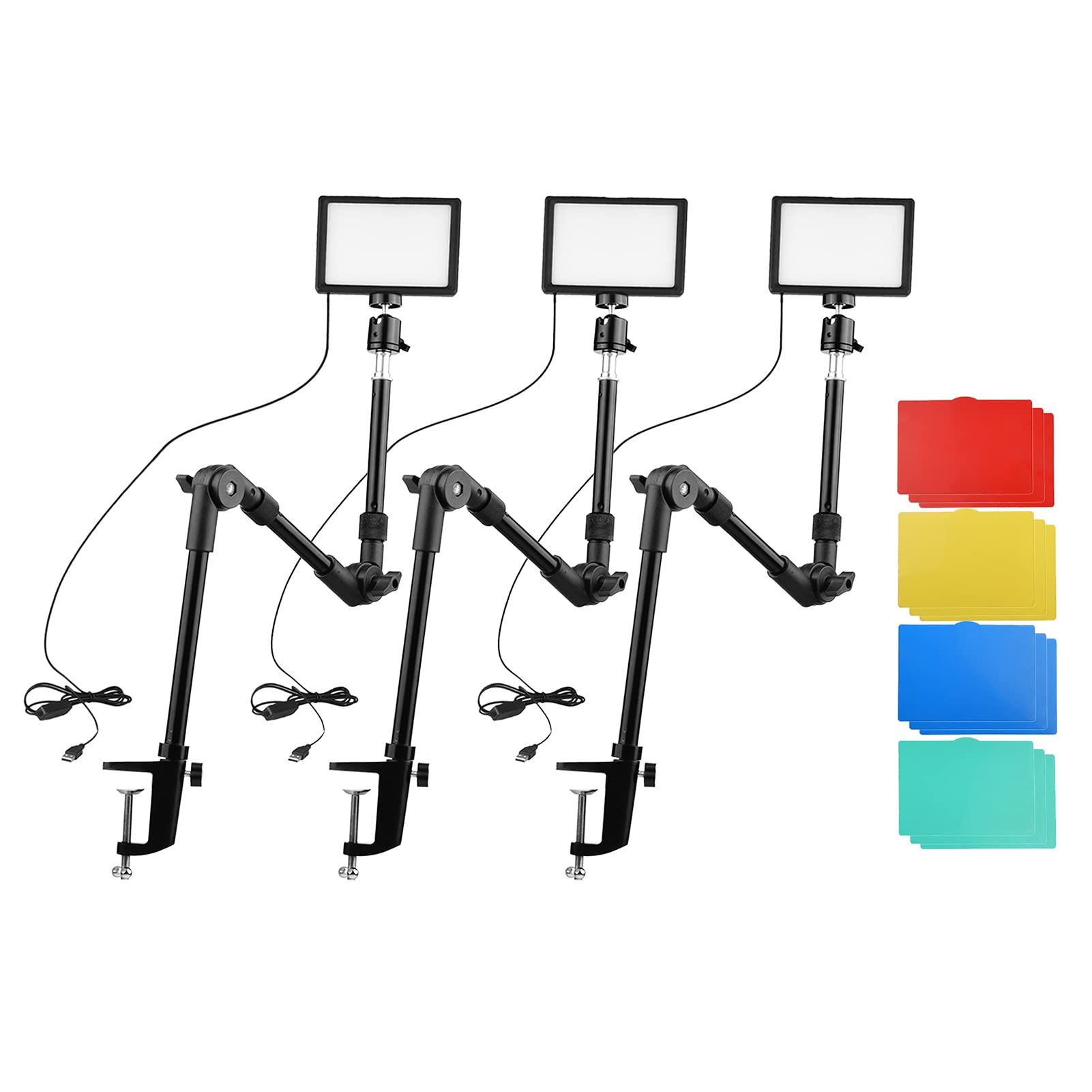 CalmGeekUSB Video Conference Lighting Kit Including 3 * LED Video Lights 3200K-5600K Dimmable + 3 * Foldable Desk Mount Light Stands + 3 * Flexible Ballhead Adapter + 15 * Color