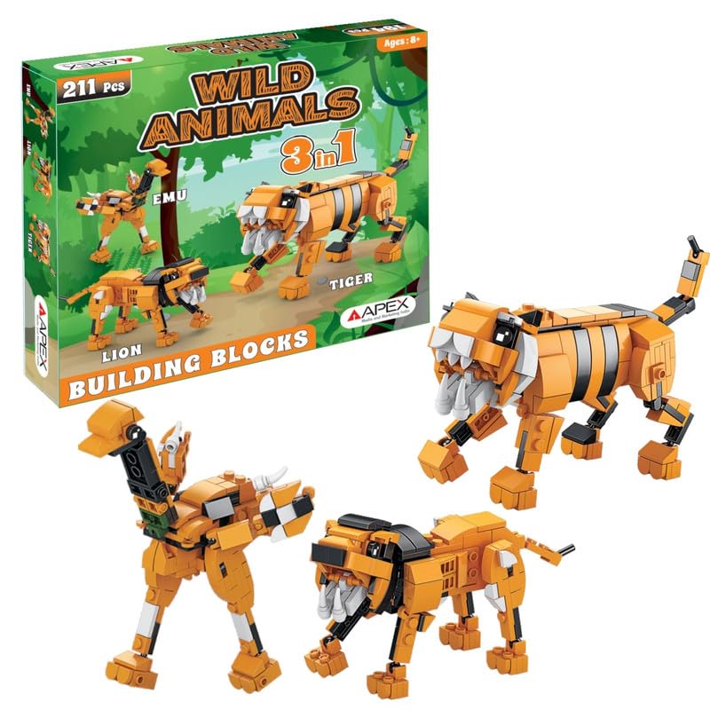 Image of Apex 3-in-1 Wild Animal Building Blocks Kit - Build Lion, Tiger or Emu with Block Set | Kids Construction Toy Building Blocks | Creative STEM Toy for Kids
