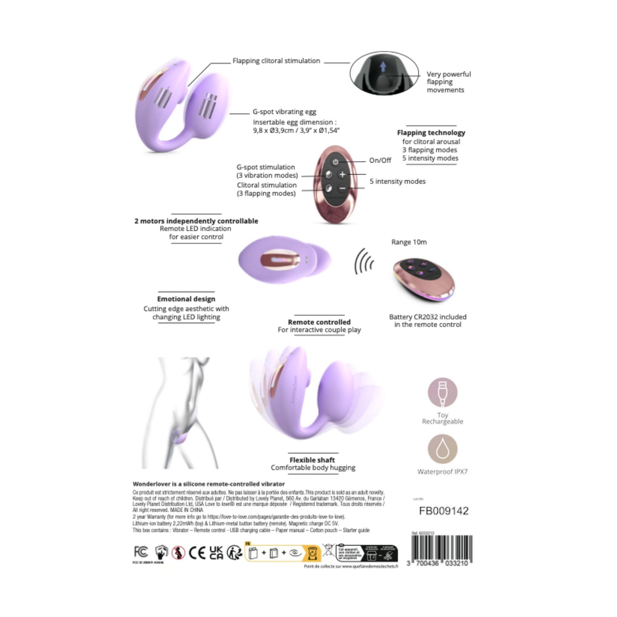 Love to Love Wonderlover – Sex toy ovetto vibrante con telecomando a distanza, doppia stimolazione clitoride & punto G, tecnologia flapping, 9 modalità, impermeabile, utilizzo a mani libere