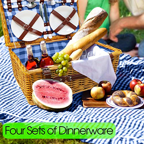 Nature Gear Upgraded 4 Person XL Picnic Basket Wicker (4 Person, Blue & White)