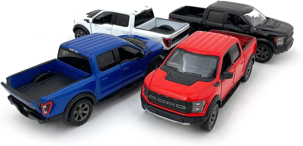 SetOf4 2022 Ford F-150 Raptor 5" 1:46 Scale Die Cast Model Toy Truck Black, White, Red, Blue