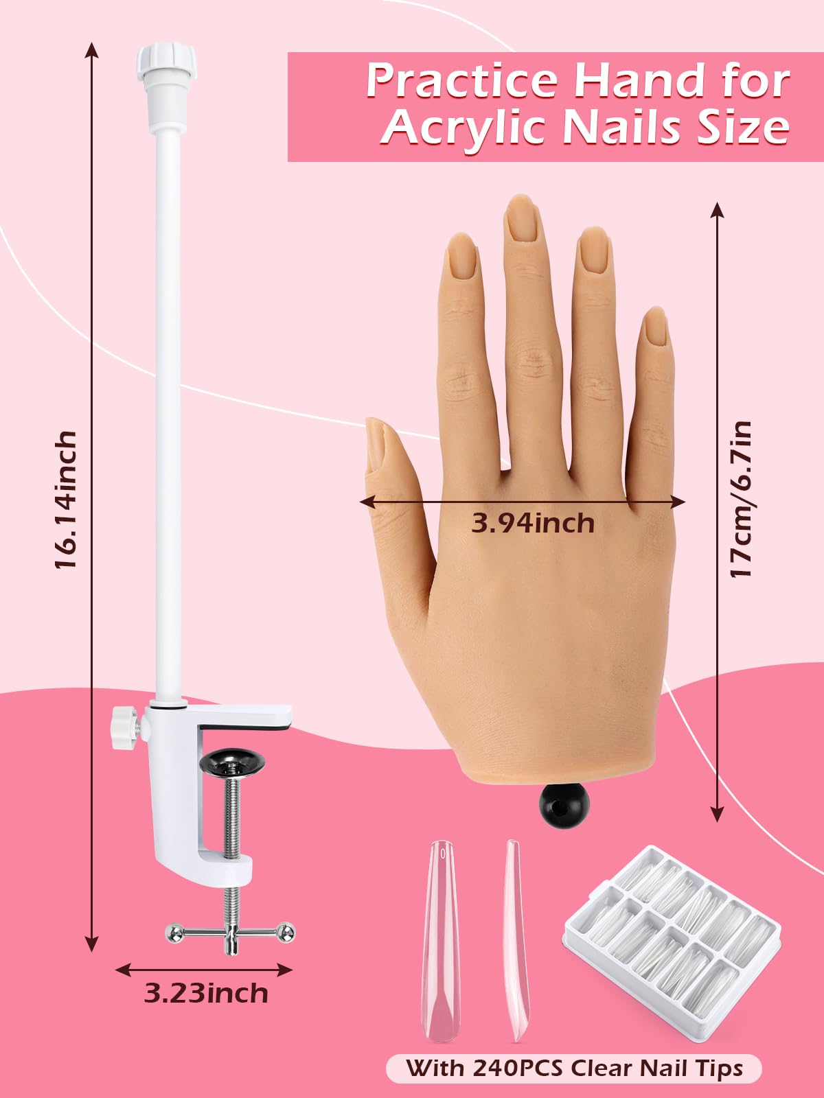 Mano para Practicar Uñas - Silicona Mano de Práctica con 240 Piezas 3XL de Uñas - Flexible Dedos para Practicar Uñas para Principiantes Salón Casa, Natural