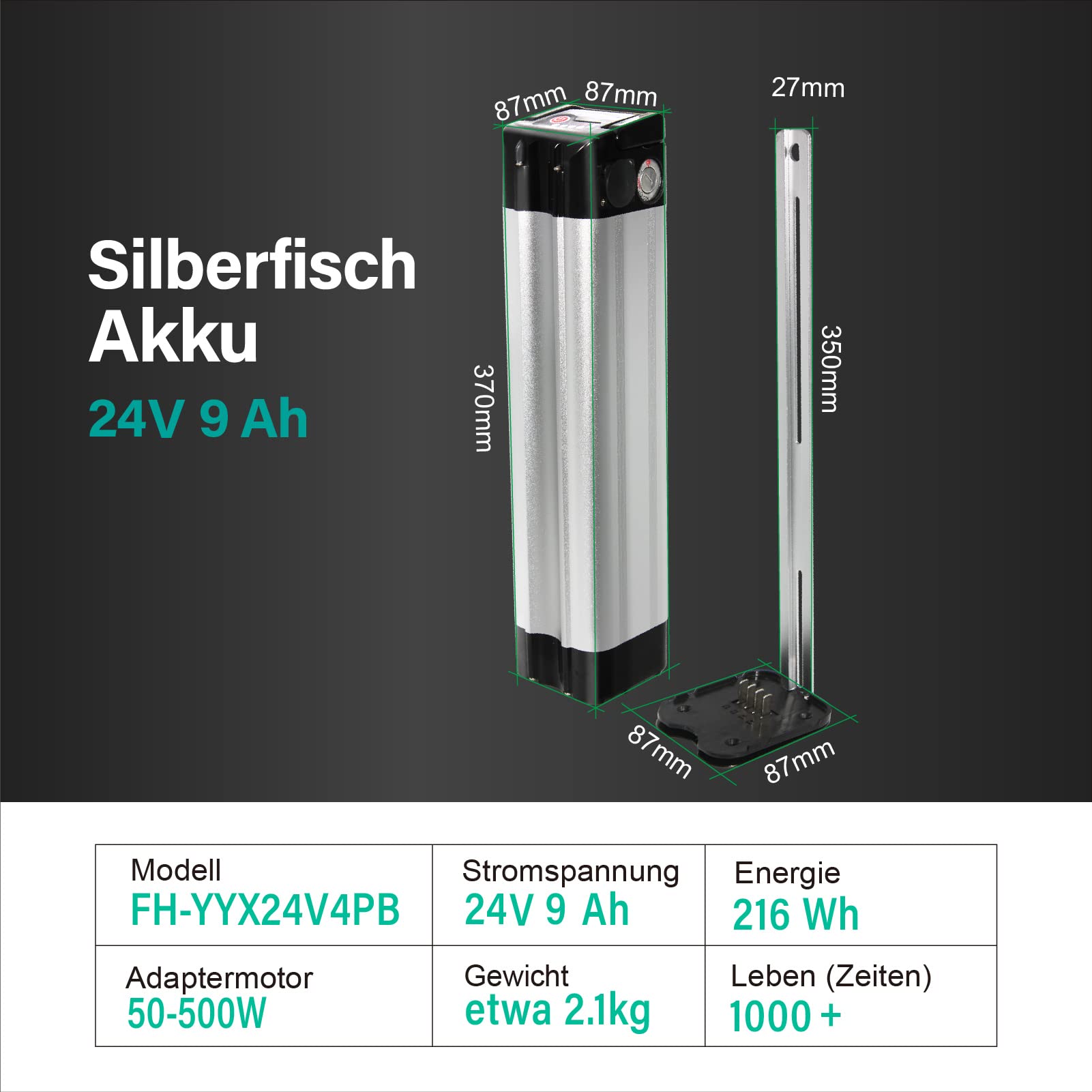 Con caricabatteria 24V 9Ah e-bike batteria Li-Ion bici elettrica forma whitebait per Phylion, MiFa, Rex, Prophete (24V9Ah)