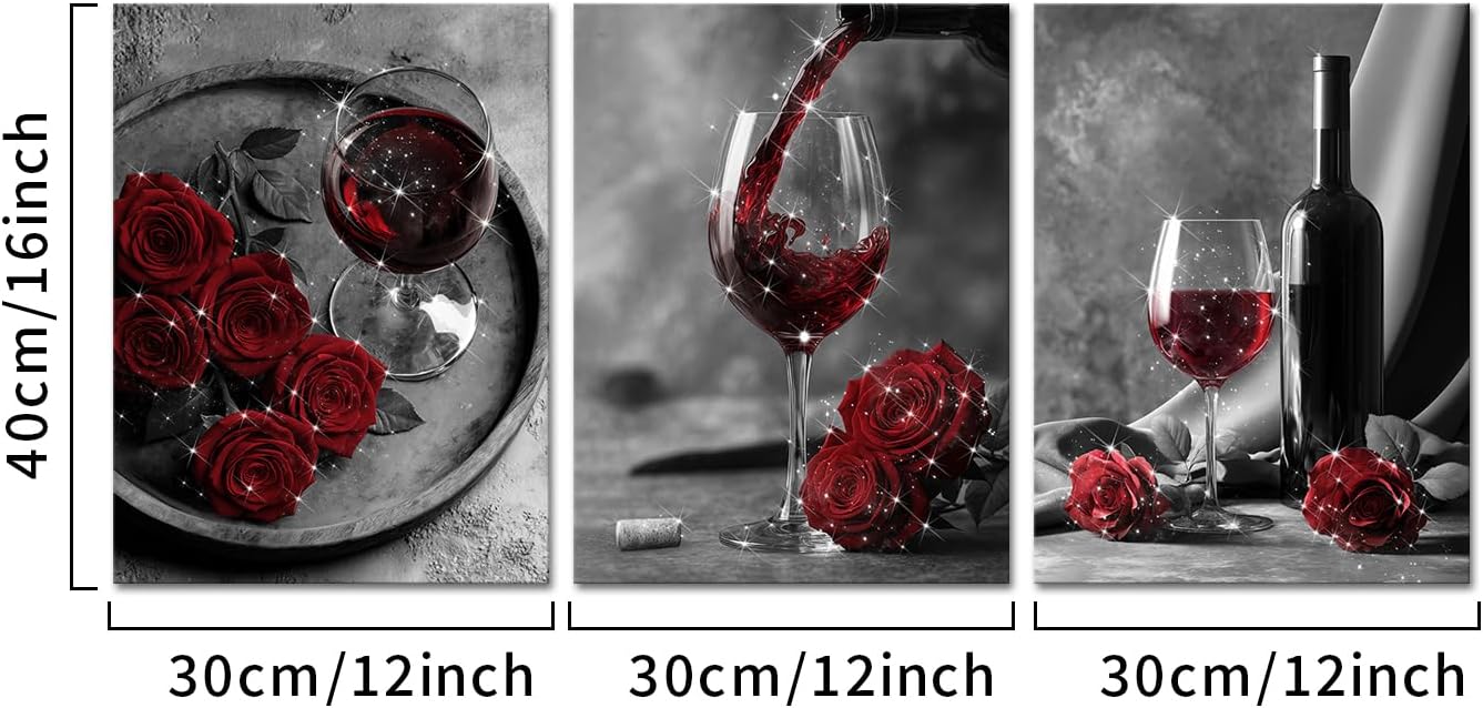 Visual Art Decor Kitchen Wall Art Rose Flower Wine Glass Painting Picture Poster for Dining Room Wall Decoration, Framed 12x16inchx3Pieces (Red)