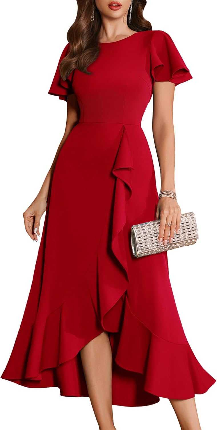 BeryLove Women Formal Party Dress Flutter Short Sleeve Wedding Cocktail Long Evening Dress