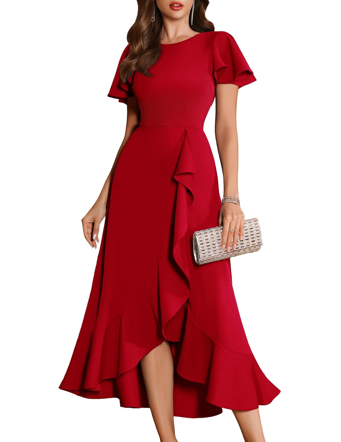 BeryLove Women Formal Party Dress Flutter Short Sleeve Wedding Cocktail Long Evening Dress