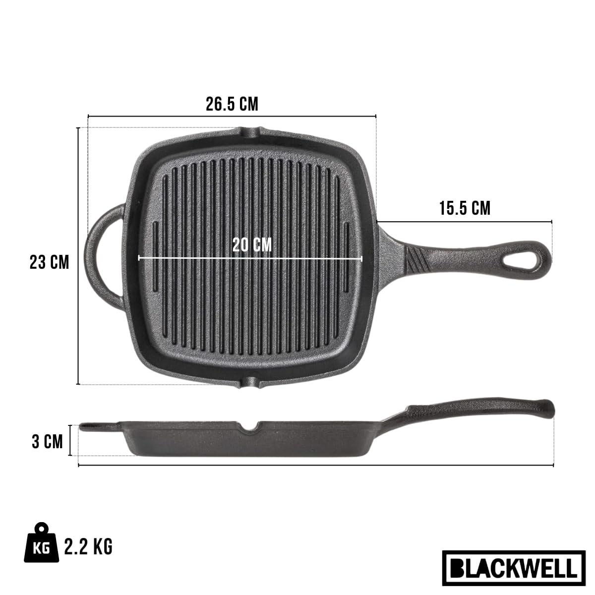 Blackwell Pfannenset aus Gusseisen – Grillpfanne 23 x 23 cm, Bratpfanne Ø 25 cm & Wok Ø 32 cm – 3-teilig – geeignet für alle Herdarten