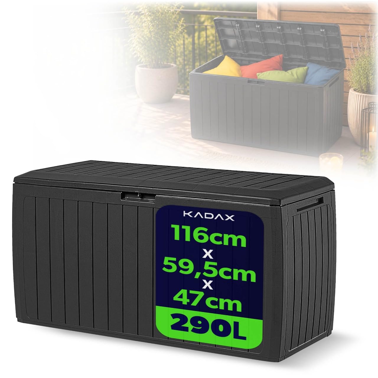 KADAX Scatola da giardino, 116,6 x 47 x 59,5 cm, in plastica, 290 l, con manici e chiusura, scatola da giardino per riporre cuscini (290 l, antracite)