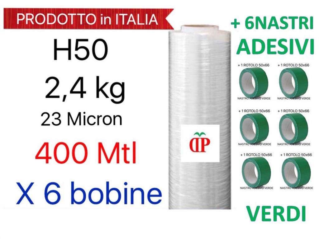 6 BOBINE Pellicola Film in Polietilene per Imballo Imballaggi H 50 cm in Rotolo da 400 mtl spessore 23 micron peso 2,4 kg + 6 ROTOLI NASTRO ADESIVO 50x66 VERDE PPL SILENZIOSO
