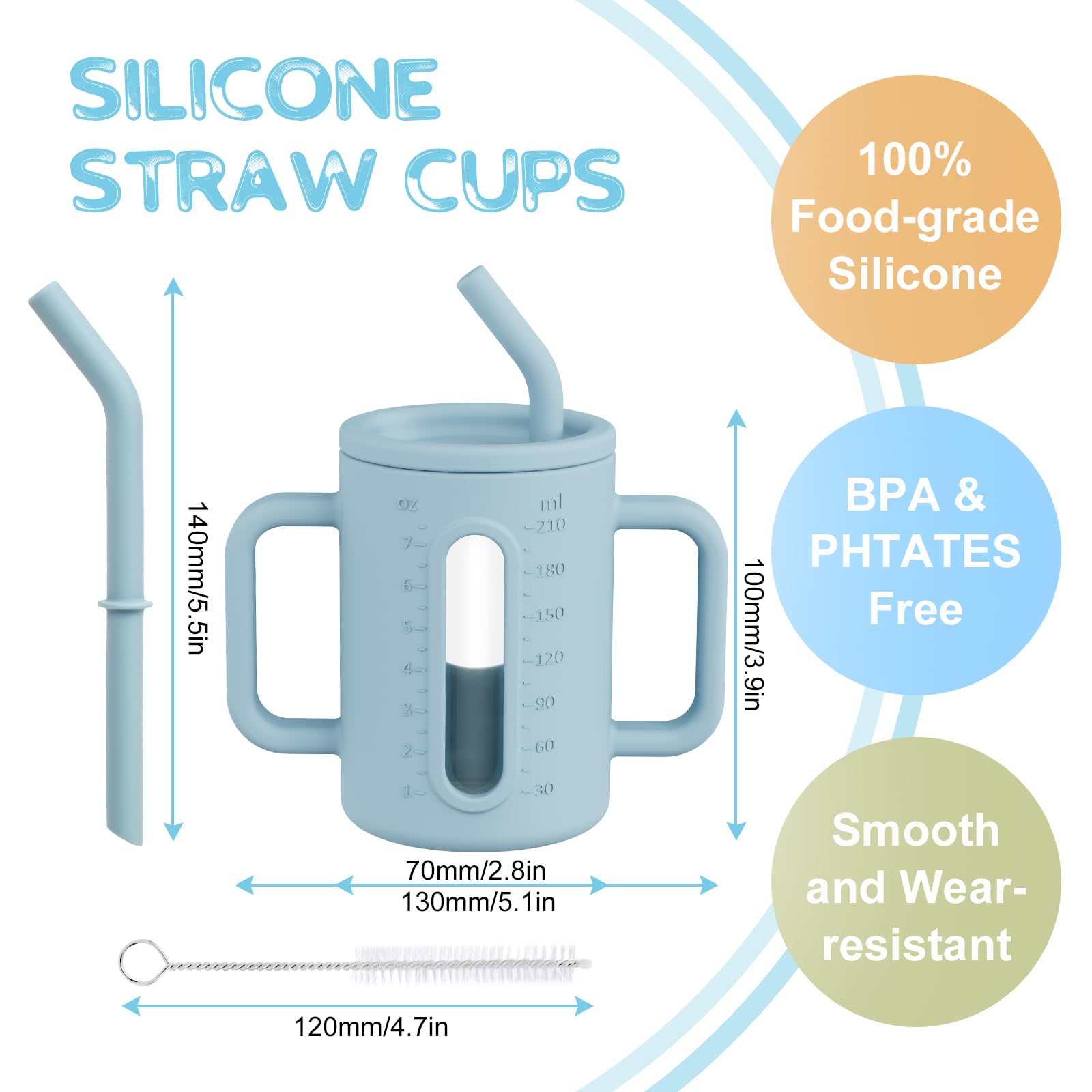 HOTUT Bicchiere per Bambini in Silicone, Tazza per Bambini in Silicone con Coperchio in Cannuccia, 210ml Tazza da Allenamento per Bambini, 100% Silicone per Uso Alimentare, con Spazzola per Pulizia