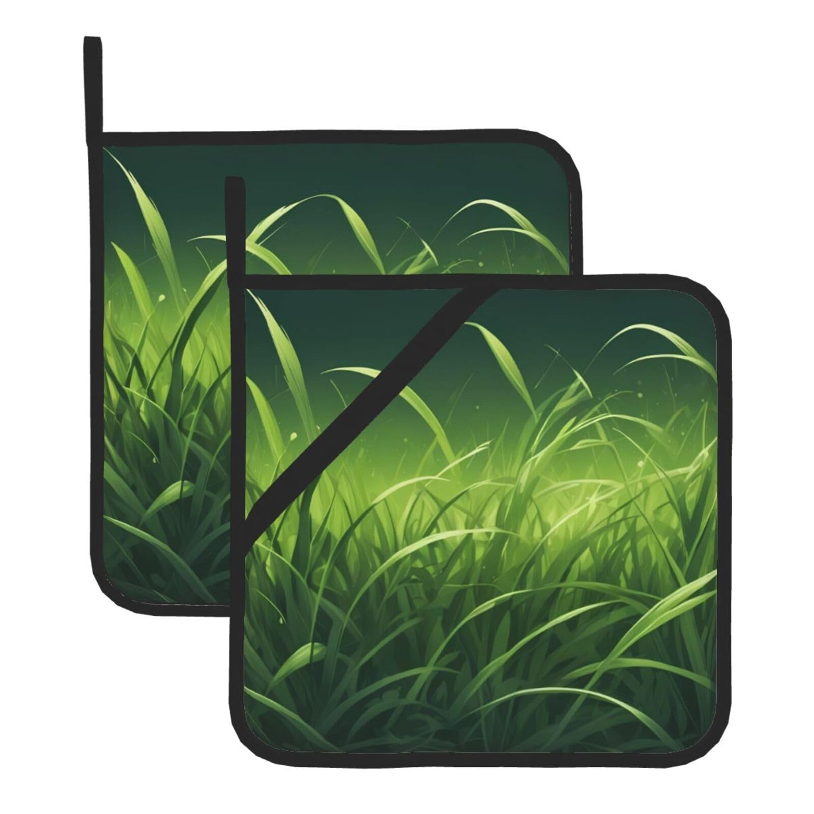 HJFCZH Lucky Green Grass Printed Square Insulated Pot Mat Set (2-Piece) 8x8in Waterproof, Thickened & Easy to Clean with Lanyard Design for Kitchen, Oven & BBQ