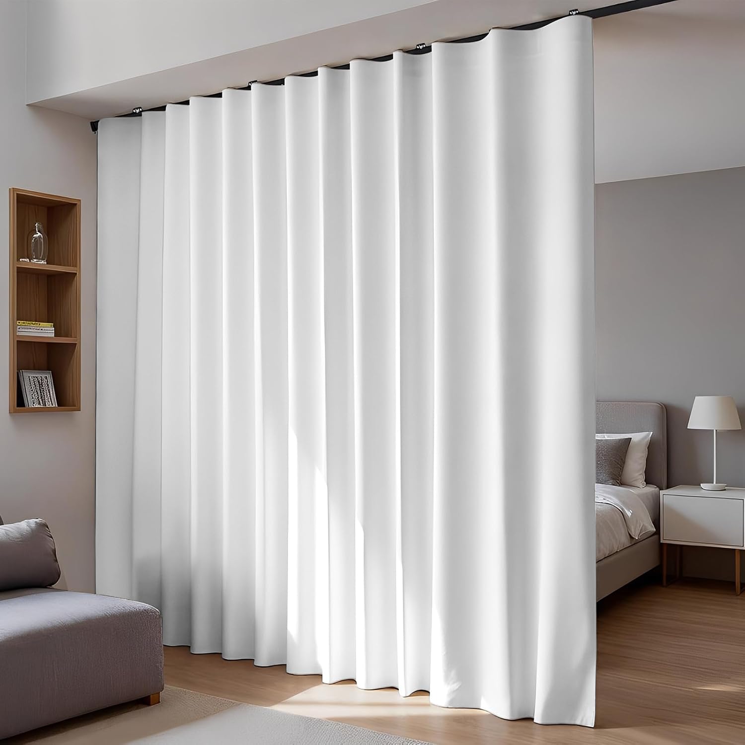 Room Divider Blackout Curtains Flexible Sliding Tracks Sets Ceiling Mounted Rod Window Curtain Privacy Separation for Bedroom Living Rooms,1 Panel Gray White Drape and Black Track Set-W72xH84 in Gray White 72"W x 84"L (Pack of 1)