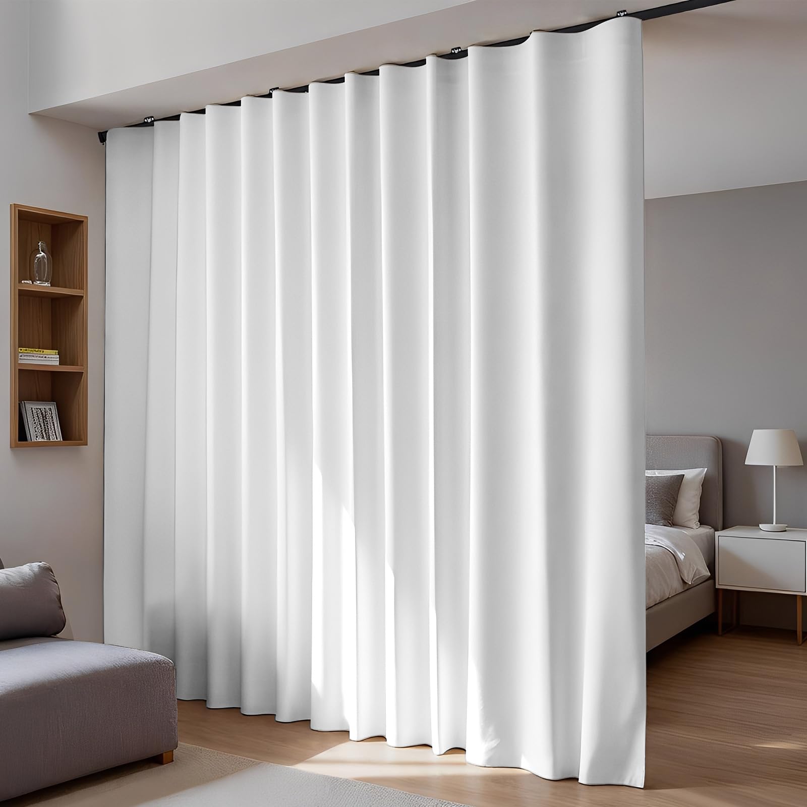 Room Divider Blackout Curtains Flexible Sliding Tracks Sets Ceiling Mounted Rod Window Curtain Privacy Separation for Bedroom Living Rooms,1 Panel Gray White Drape and Black Track Set-W72xH84 in