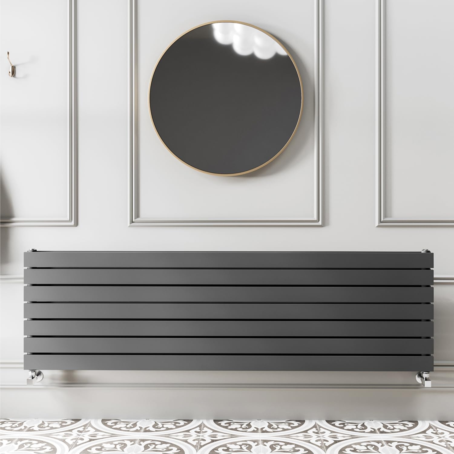 Go Bathrooms Pinta 475 x 1600mm Horizontal Radiator Anthracite Flat Panel Double Column Wall Mounted Designer Anthracite Grey Radiator Central Heating Includes Brackets — image 1