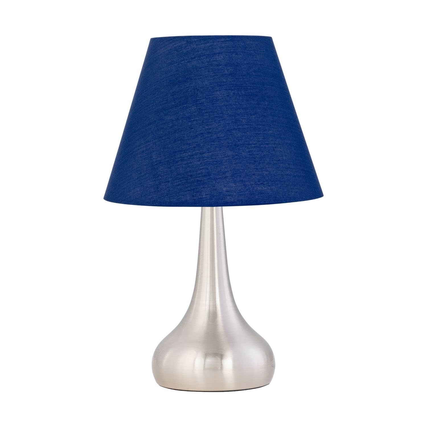 firstchoicelighting Brushed Chrome Touch Operated Table Lamp or Bedside Light, Modern Design, Height 33cm, Navy Blue Shade, LED Compatible