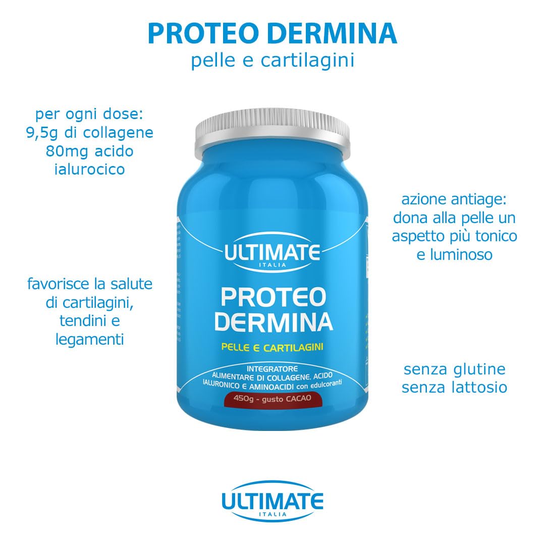Ultimate Italia - Proteo Dermina - 450g - gusto cacao - Integratore di collagene e acido ialuronico per mantenere la pelle giovane e supportare cartilagini, legamenti e tendini