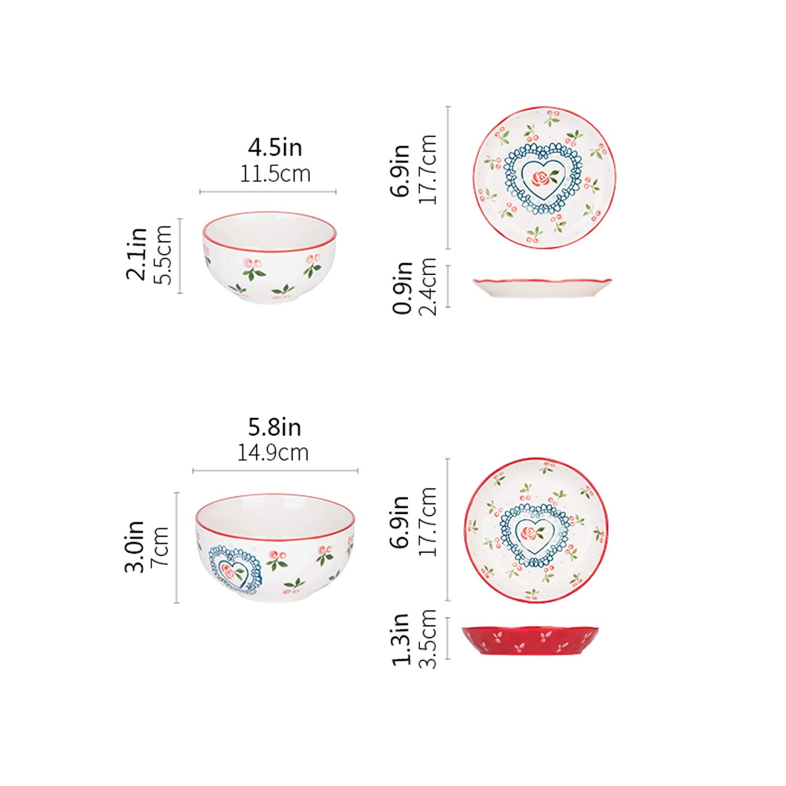 Bellissimo Set di stoviglie da Cucina da 8 Pezzi, Servizio per 2 Set di Piatti Piani con Motivo Ciliegia, Set di Piatti in Ceramica Carini, Piatti Lavabili in microonde e lavastov