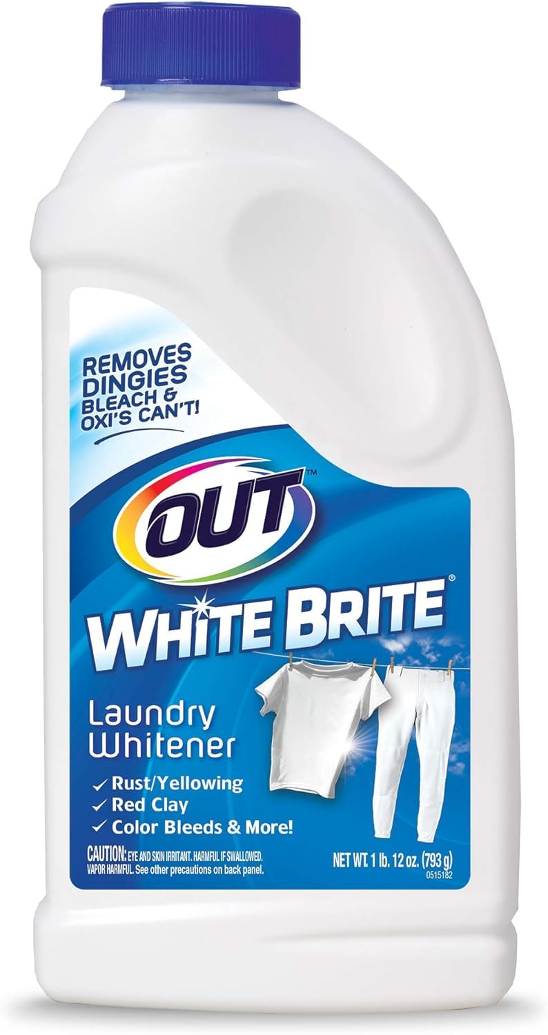 OUT White Brite Laundry Whitener Powder, Stain Remover Detergent Booster for Clothes, Removes Red Clay and Rust Stains on White Clothing and Uniforms, 28 Ounce