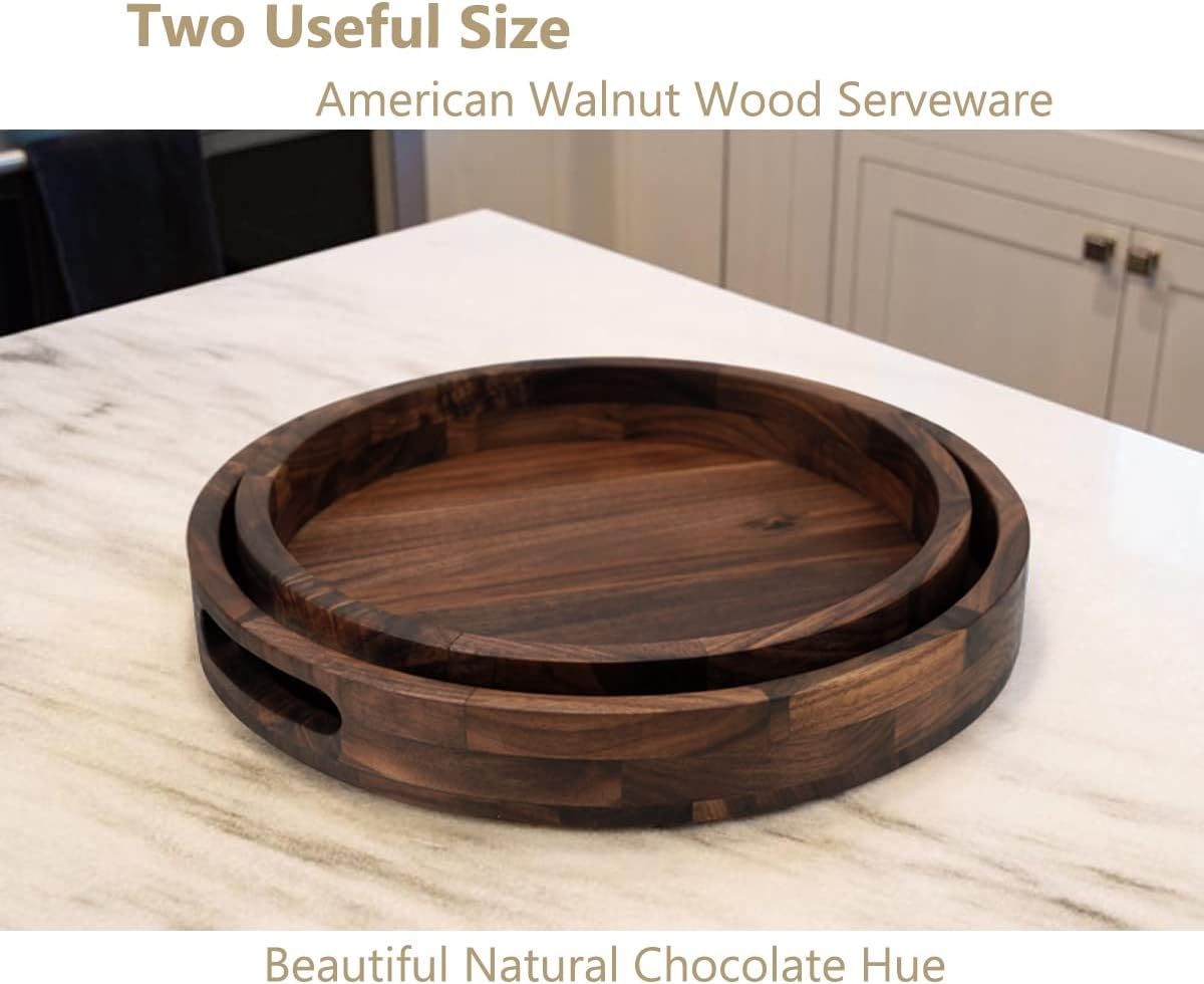 Set of 2 Large Round Black Walnut Wood Ottoman Tray with Handles, Serve Tea, Coffee, Classic Wooden Circular Decorative Serving Tray, 14 &12 inches