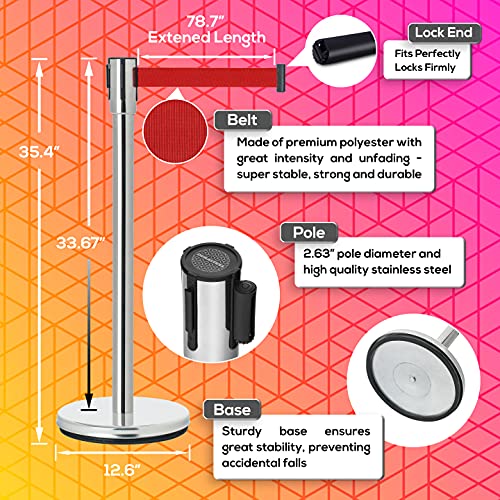 Image of DuraSteel Crowd Control Barriers Line Dividers - Silver Stanchion Stainless Steel Posts with 6.5ft Red Retractable Belt Ropes - for Store Queues, Airport Lines, Event Entries - 2 Set /Pack