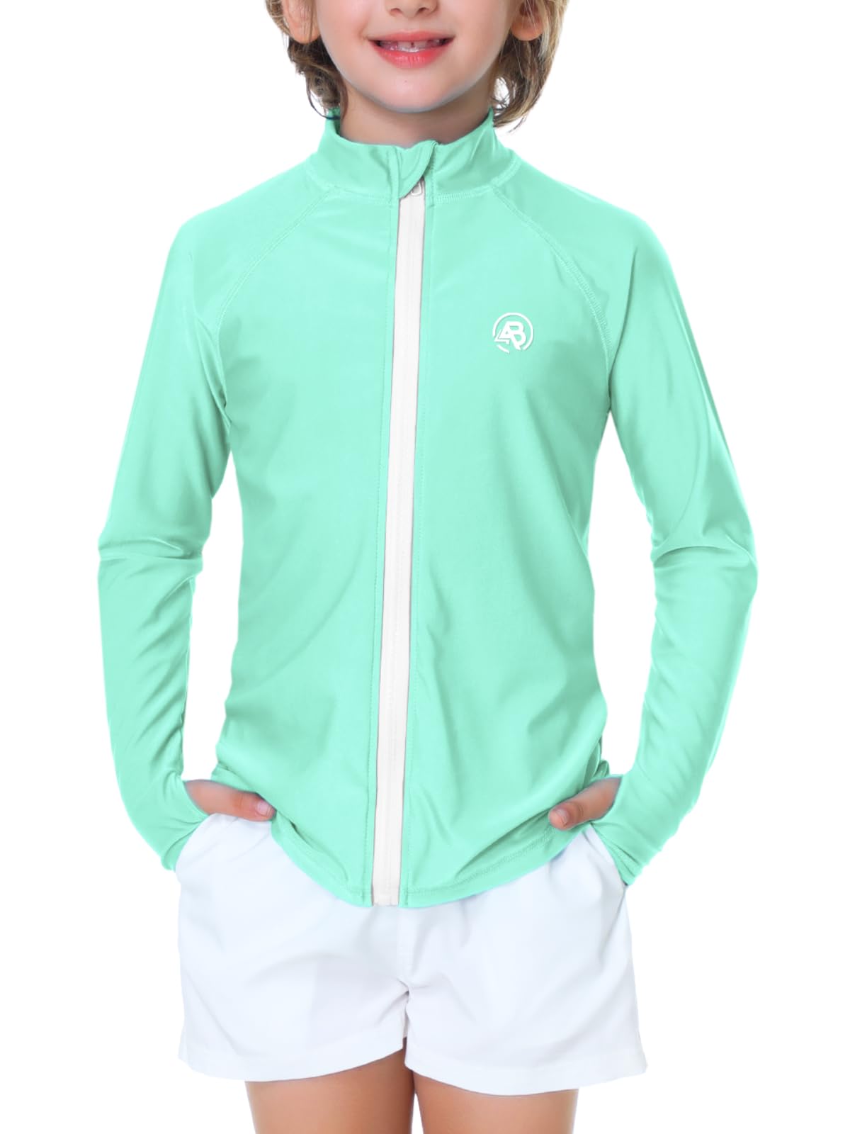 Girl Zip Up Rash Guard Boys Long Sleeve Swim Shirts SPF 50 Uv Protection Sun Shirt with Thumb Holes Mint 3-4 Years