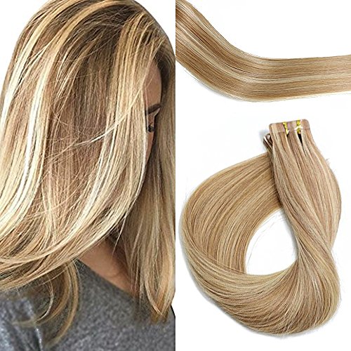 PoleStar Hair Tape In Human Hair Extensions 20pcs Seamless Silky Straight Weft Remy Virgin Hair(Piano Ombre Color #12-613 16inches)