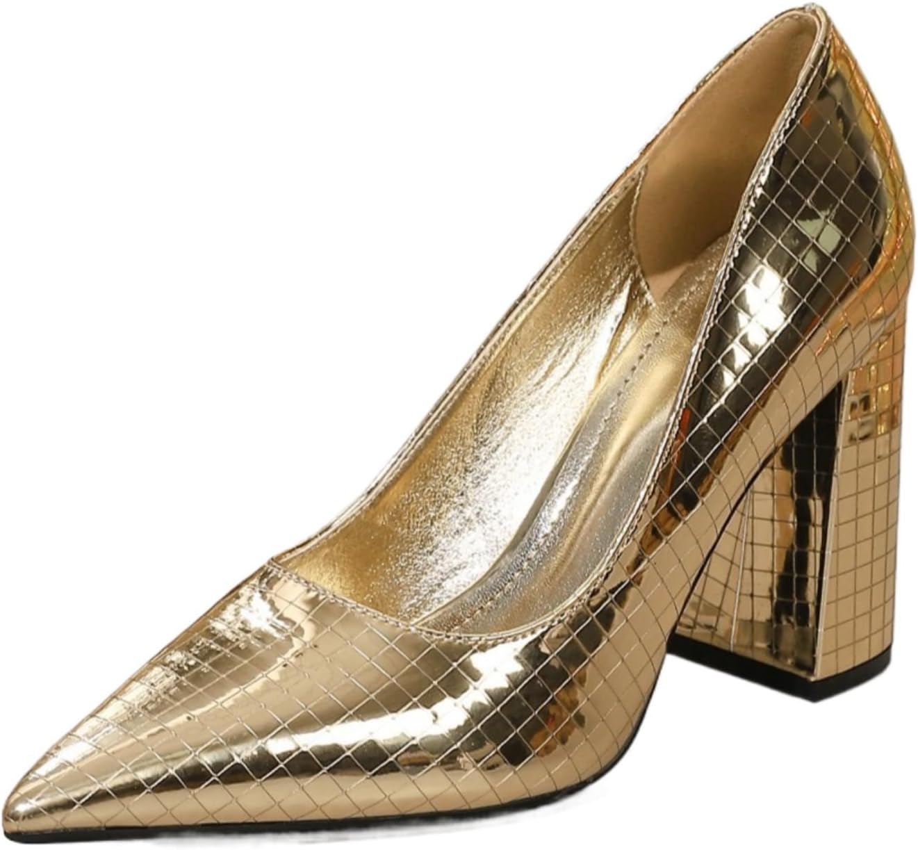Women's Sexy Disco Metallic Block Heel Pumps, Pointed Toe Shiny Grid Dress Shoes for Wedding Party Evening Dance Fall Fashion (Plus Size)