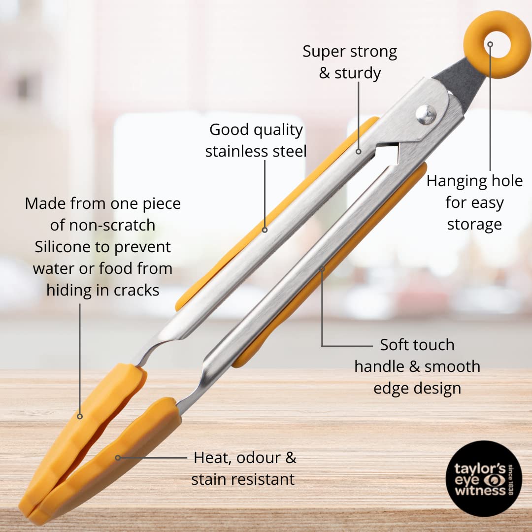 Taylors Eye Witness 2 Small Steel Yellow Silicone Tongs, Dishwasher Safe. Sturdy Build, Non-Scratch Heads - Image 4