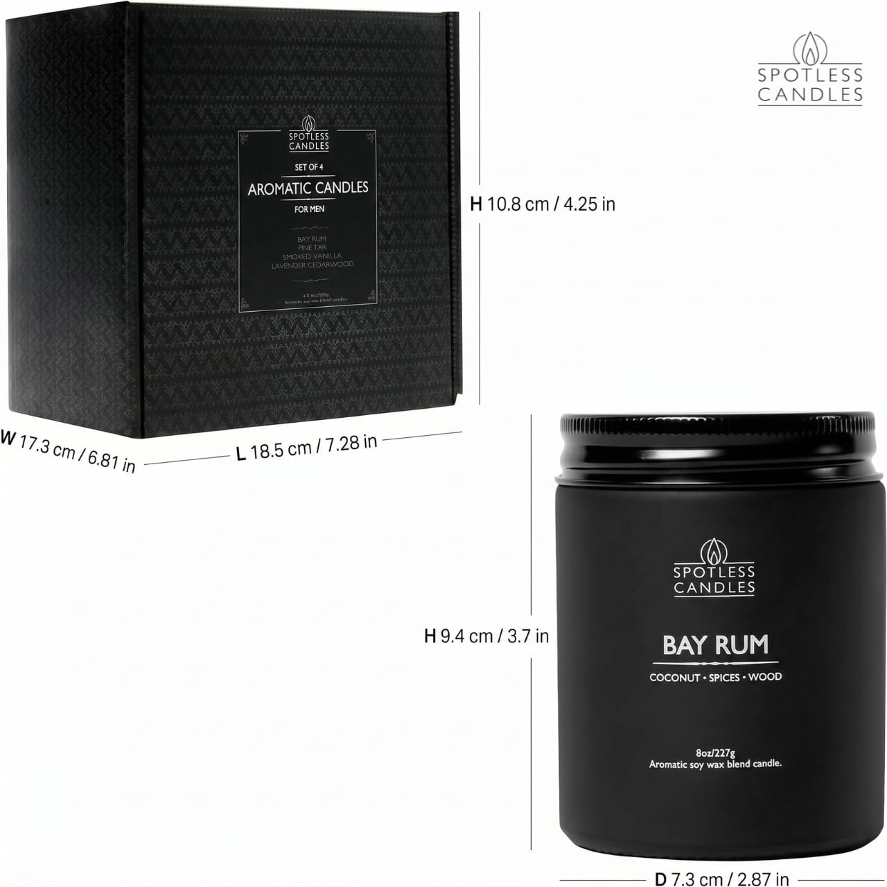 Spotless Candles Coffret cadeau avec 4 bougies parfumées pour homme 226,8 g Rum de baie, goudron de pin, vanille fumée, lavande et bois de cèdre 200 heures de combustion, bocaux en verre noir mat