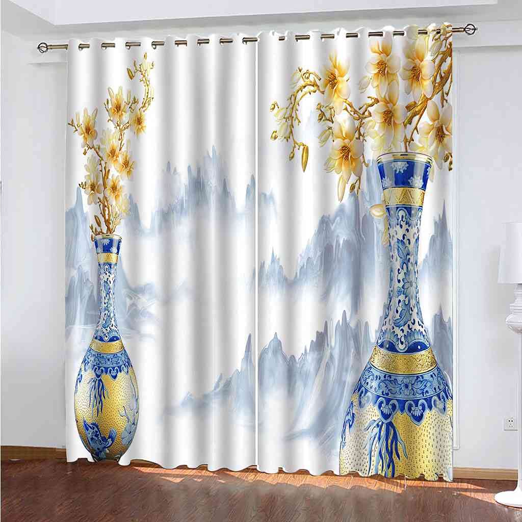 Rideaux salon d'enfants et chambre : motif vase bleu vintage 264x160 cm