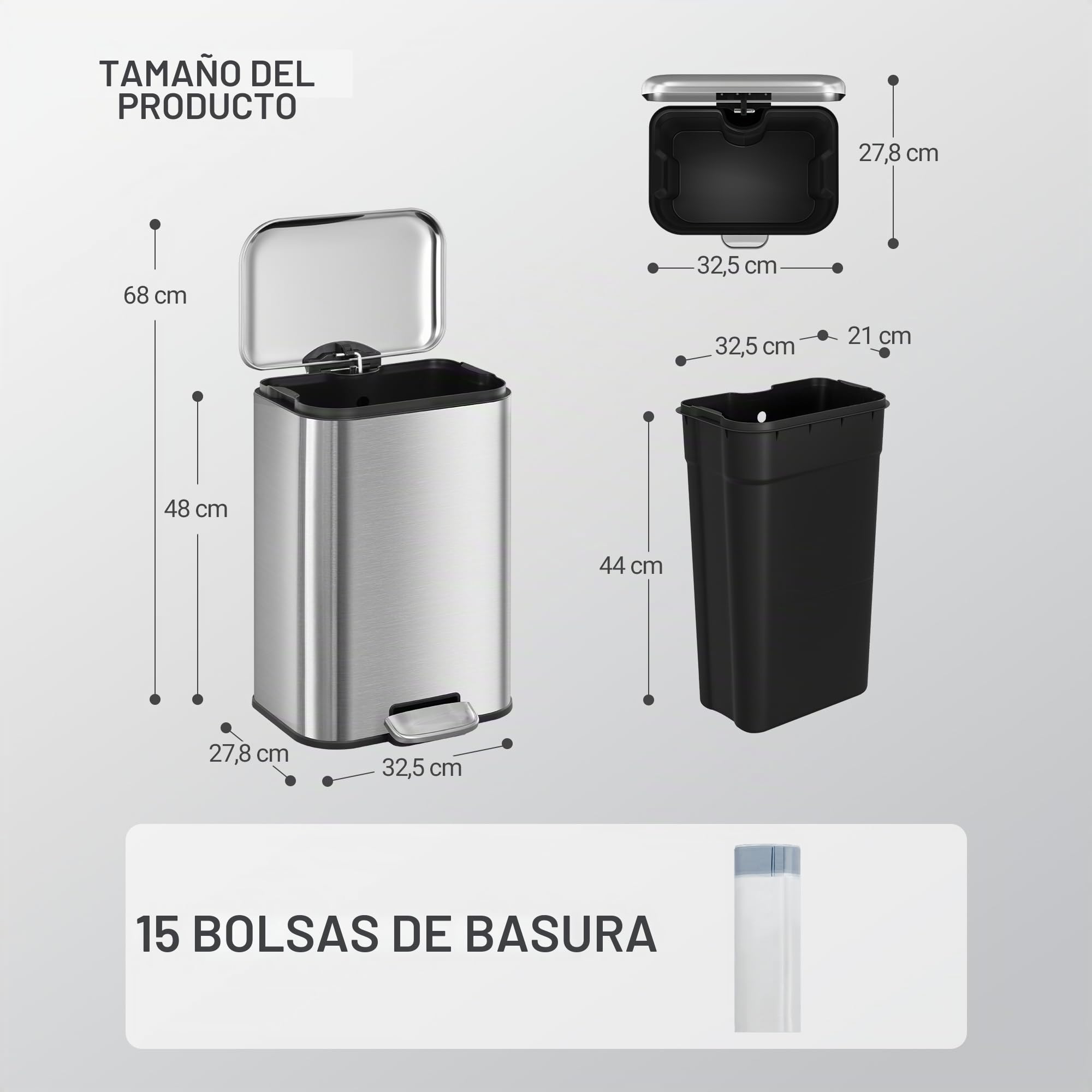 Hzuaneri Cubo Basura 20L, Basura Cocina con Pedal, Acero Inoxidable, Barril Interior Separado, 15 Bolsas, Plata SW12099B
