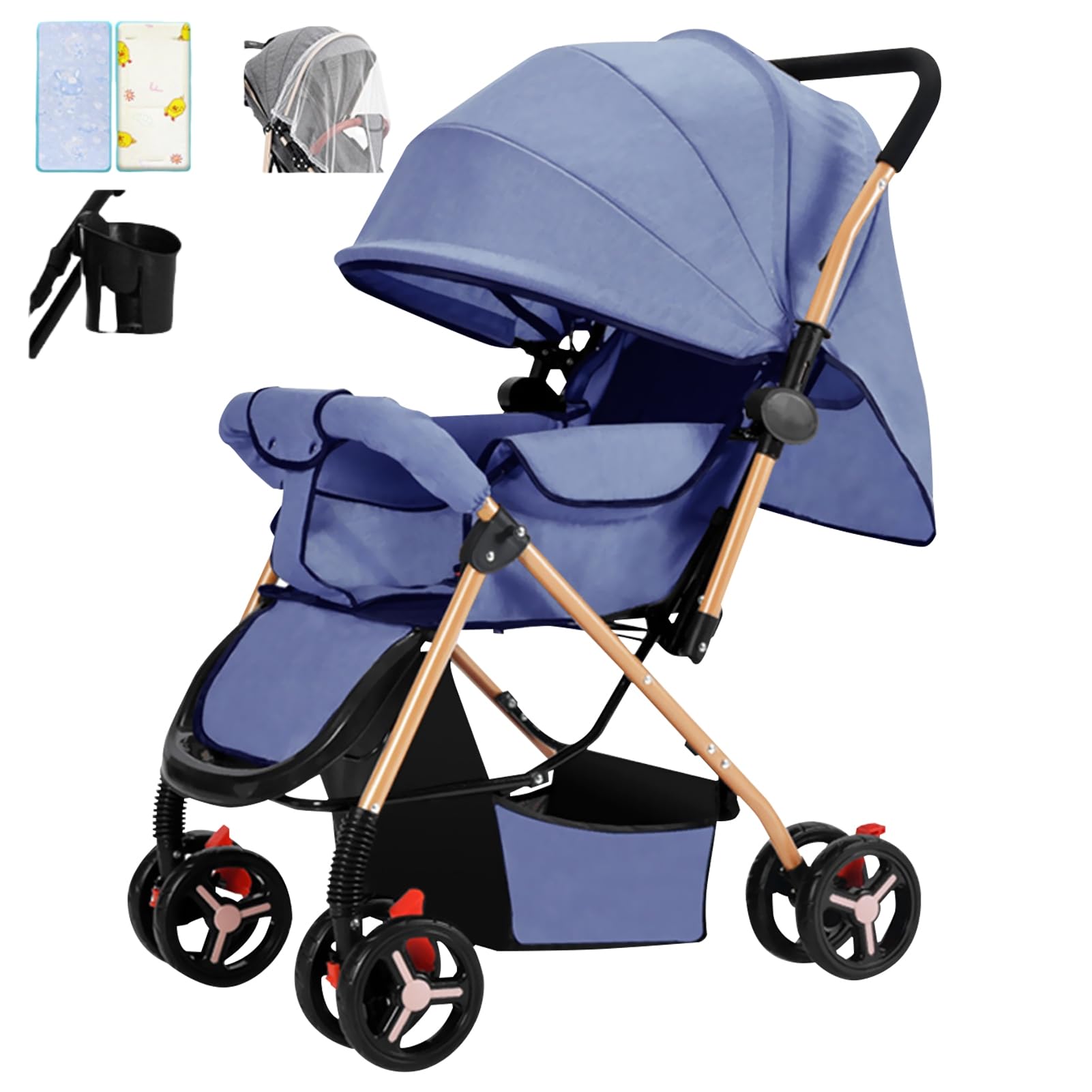DAYONG Lightweight Travel Stroller, Two-way Push Baby Stroller, One-click Foldable/Extra Wide Seat/Cool Mat/Mosquito Net, Load 25kg, Portable Infant Stroller for New Born Baby Toddler. (blue)