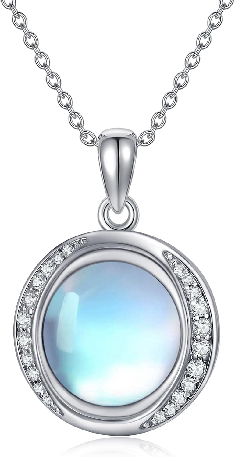 Moonstone Necklace - Sterling Silver Round Rainbow Moonstone for Women - Retro Genuine Jewelry for Valentine's Day & Christmas