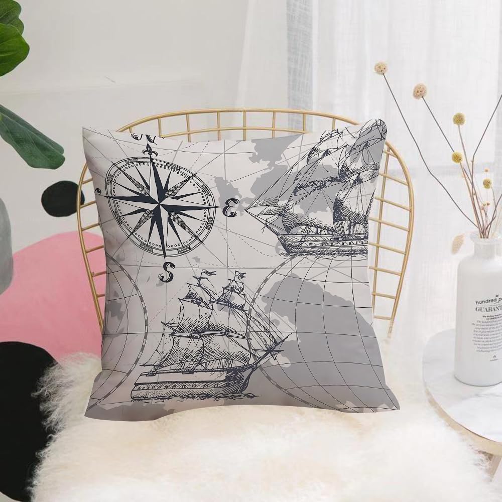 HYOSXW Cushion Cover,Throw Pillow Case Home Decorative for Living Room Bedroom Sofa Chair 16X16 Inch,Marine seamless pattern with wind rose and sailboats.,Pillowcase 40X40cm