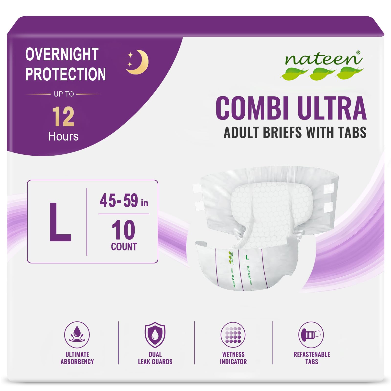 Nateen Combi Ultra Adult Diapers with Tabs for Heavy Leaks, Large 10 Count | Ultimate Abs…