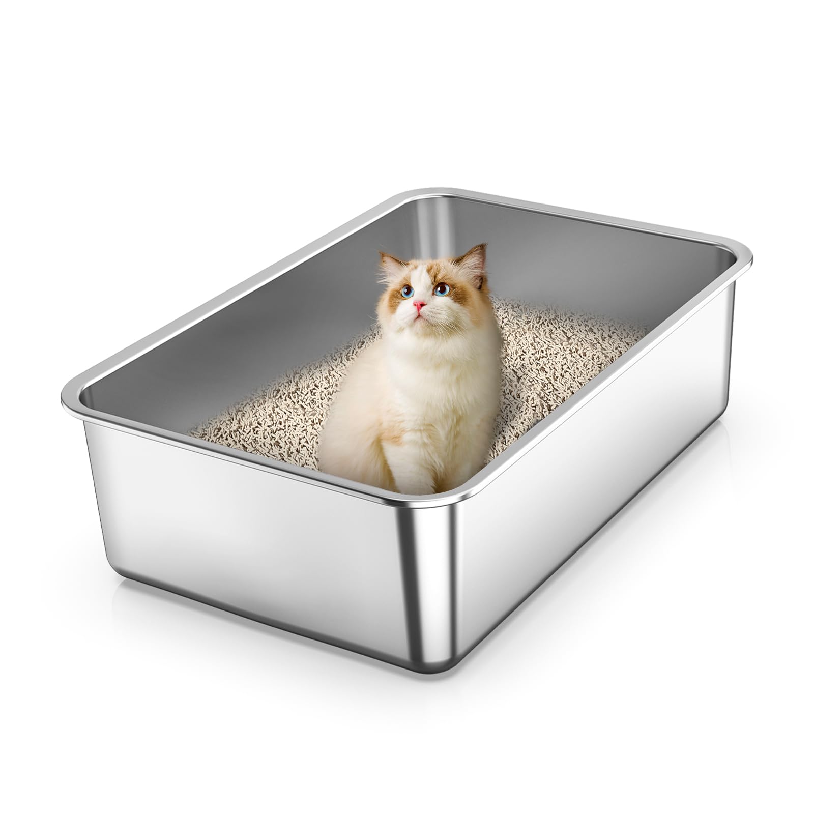Stainless Steel Cat Litter Box with High Sides, Odor Control, Non-Stick Smooth Surface, Rust Proof, Easy to Clean, Non-Slip Feet, Large Metal Litter Pan 19.68" L*13.8" W*6" H