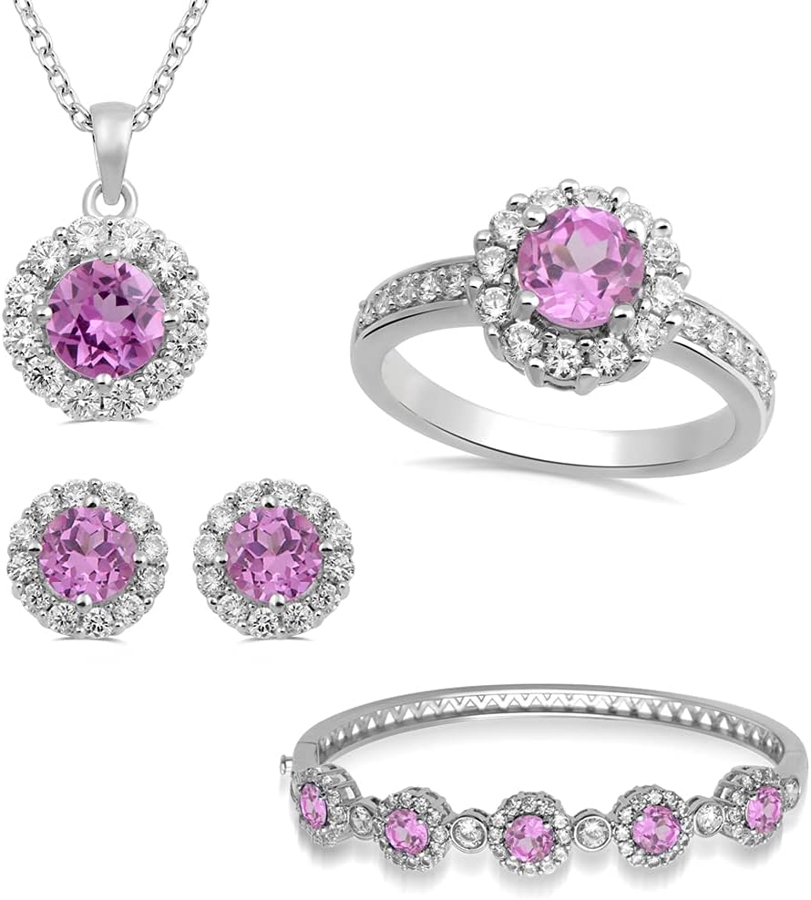 Jewelili White Rhodium Over Brass 6 MM And 8 MM Cushion and Round Shape Simulated Pink Sapphire with Round White Cubic Zirconia 4-Piece Box Set Includes Ring Size 7, Pendant Necklace 18", Earrings and Bangle