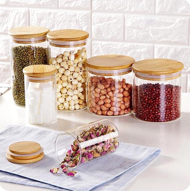 Image of MARTVIA Glass Food Storage Jars with Bamboo Lids 350ml Set of 4, Wide Mouth Lid Jar for Home Kitchen,Flour, Sugar, Coffee, Pasta, Oats, Grains, Cookies, Snacks (Round 350 ML Jar, SET OF 4)
