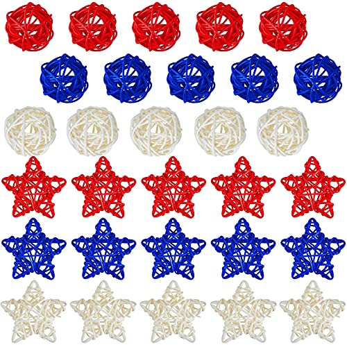 30 Pcs Labor Day Decorations Patriotic Decor 4Th Of July Star Shaped Rattan Wicker Red White And Blue Vase Filler Ball Rattan Balls Star For Home Decor Diy Ornament Wedding Table, 2.36 Inch, 1.6 Inch #TOP7